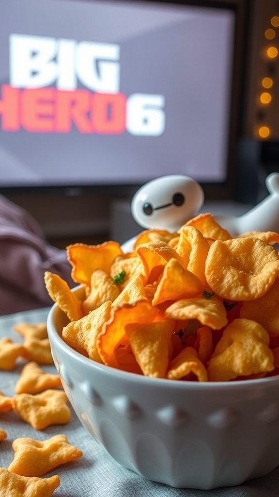 Crispy snack chips shaped like Baymax from Big Hero 6, served in a bowl with herbs, on a movie night setup.